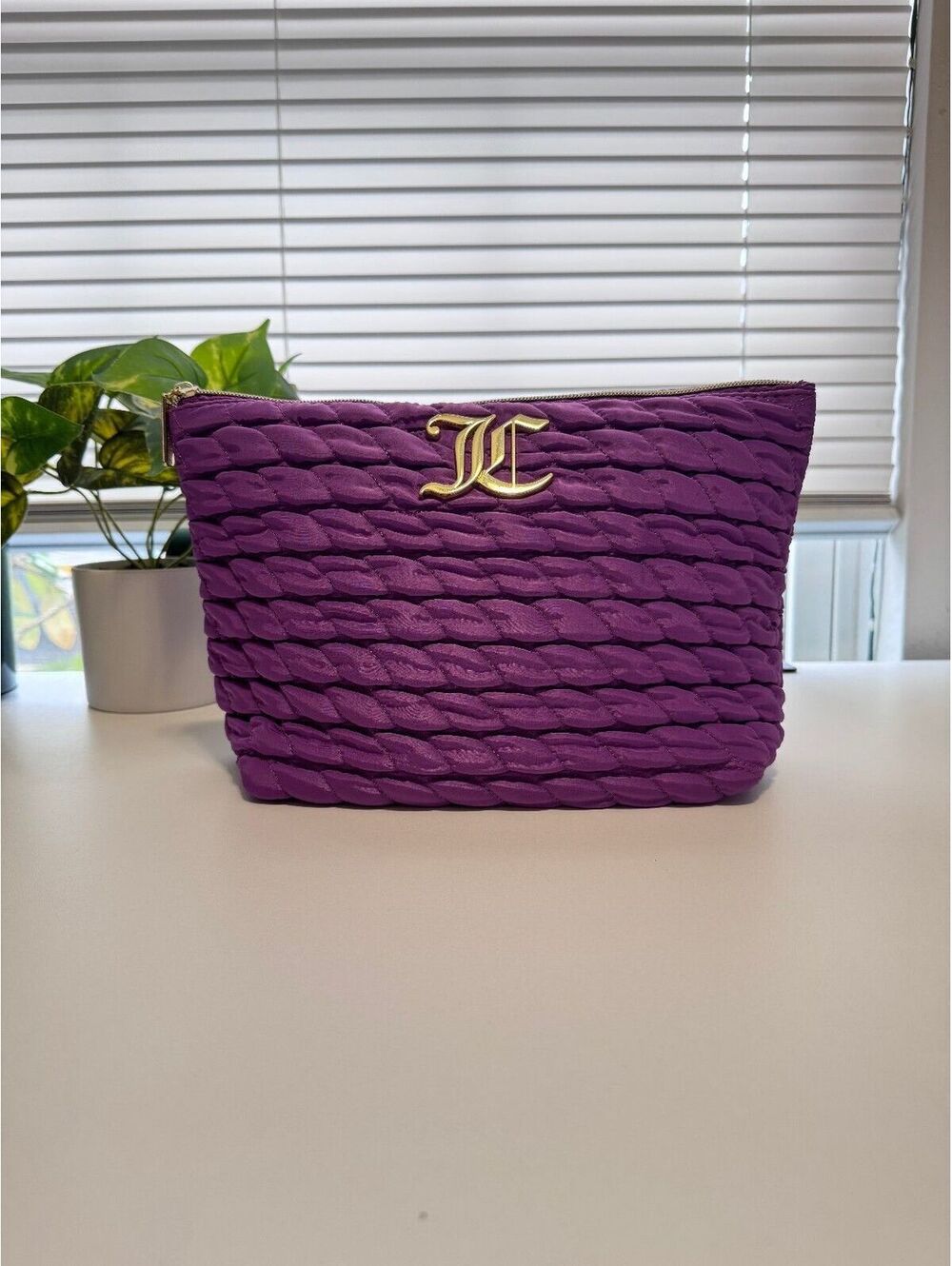 Juicy Couture Purple Quilted Cosmetic Bag Gold JC Logo Y2K Makeup Travel Pouch